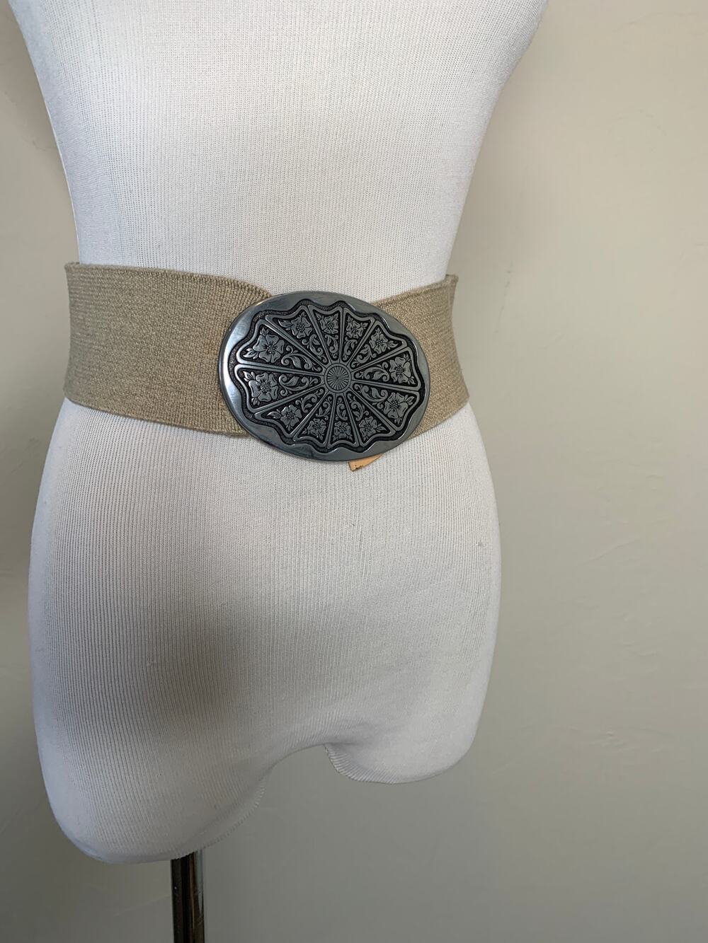 Silver Western Floral Oval Belt Buckle Stretch Band Leather End One Size